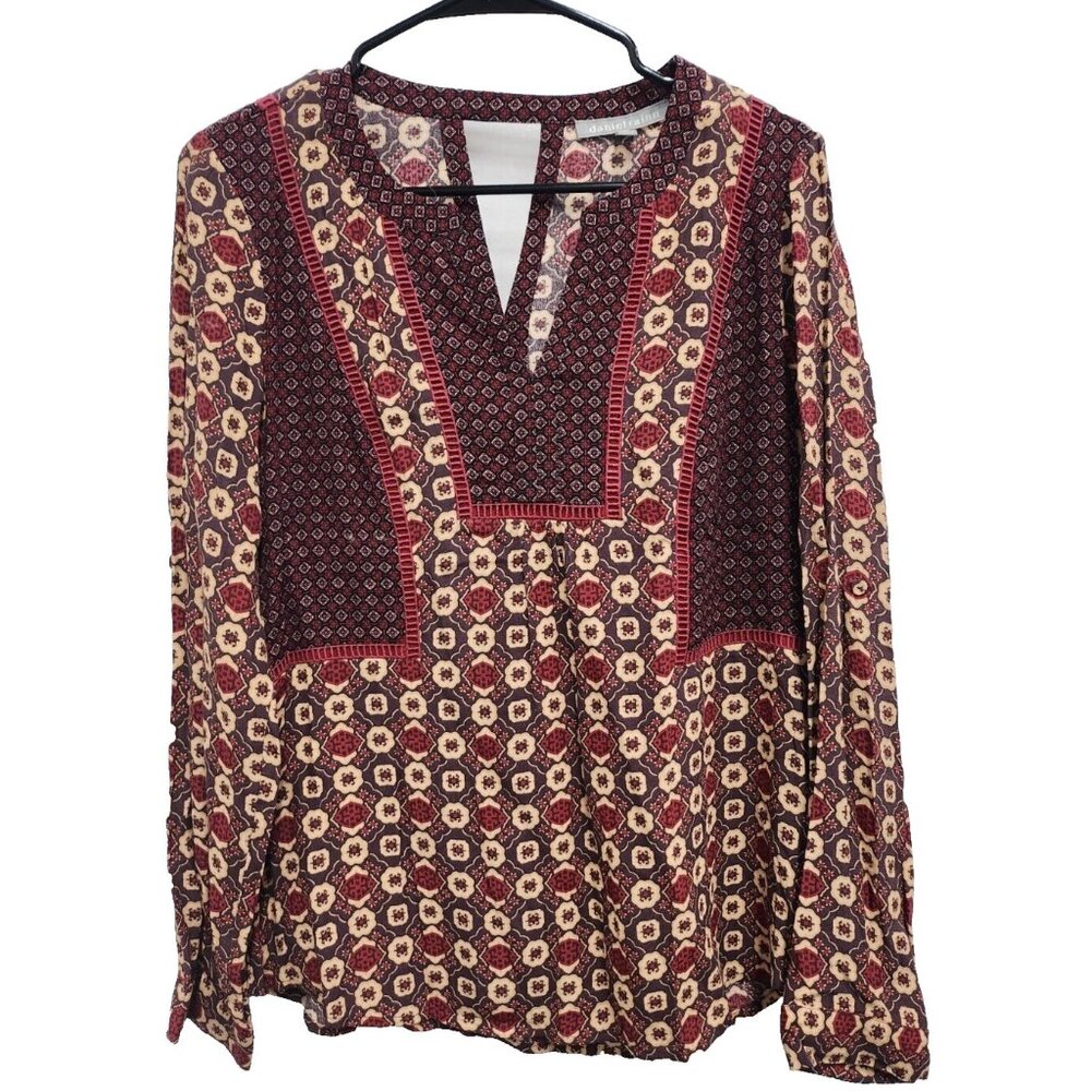 Daniel Rainn BOHO Cottage Top Womens Small Red Cream Floral Crochet Long Sleeves